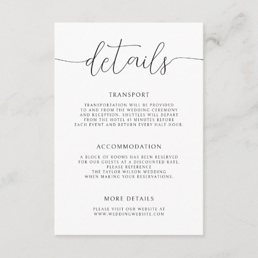 Moderne minimalistische kalligrafie bruiloft detai informatiekaartje (Voorkant)