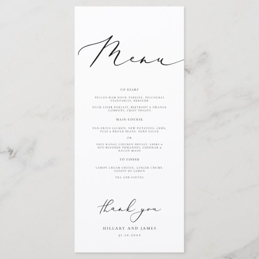 Moderne minimalistische kalligrafie bruiloft diner menu (Voorkant)