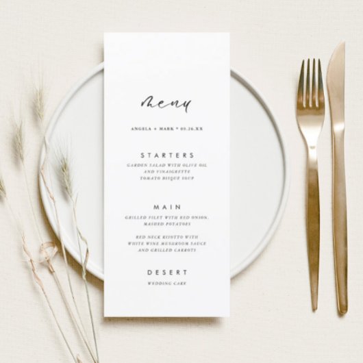 Moderne minimalistische kalligrafie bruiloft menu 
