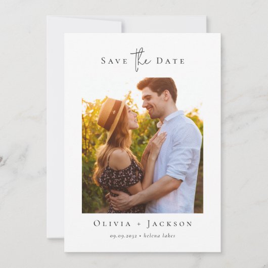 Moderne minimalistische kalligrafie Fotobruiloft Save The Date (Voorkant)