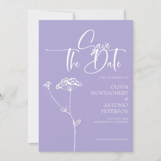 Moderne minimalistische kalligrafie Lavendel bruil Save The Date (Voorkant)