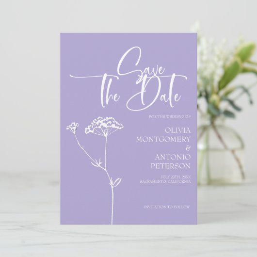 Moderne minimalistische kalligrafie Lavendel bruil Save The Date (Staand voorkant)
