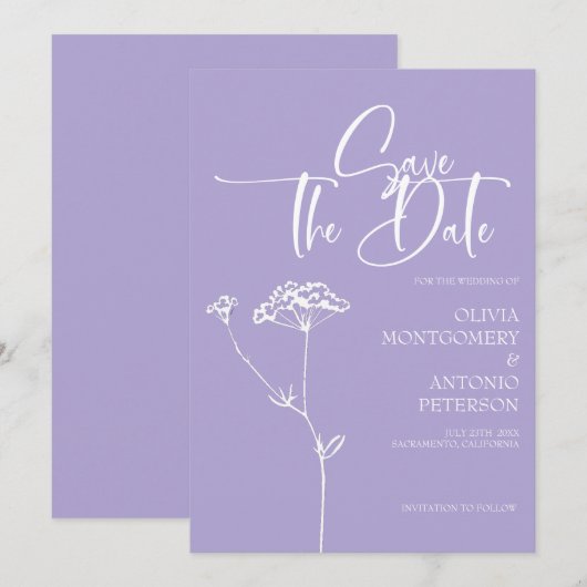Moderne minimalistische kalligrafie Lavendel bruil Save The Date (Voorkant / Achterkant)