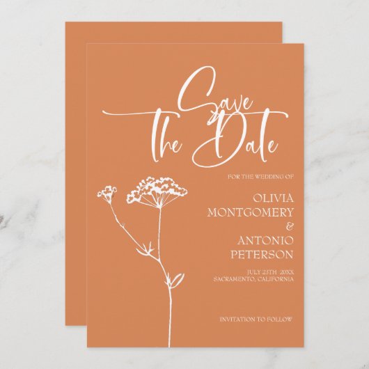 Moderne minimalistische kalligrafie Oranje bruilof Save The Date (Voorkant / Achterkant)