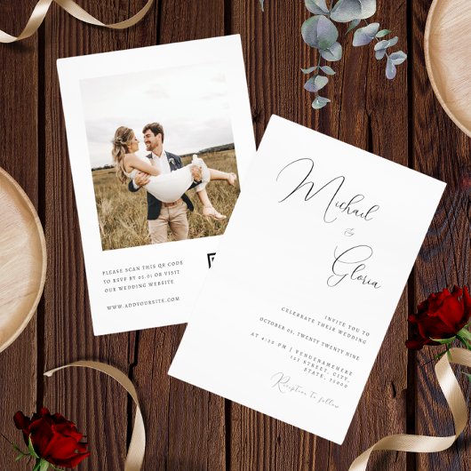 Moderne Minimalistische Kalligrafie QR Code RSVP B Kaart