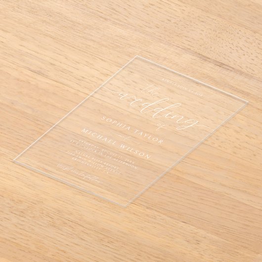 Moderne minimalistische kalligrafie witte bruiloft acryl uitnodigingen (Laagn)