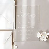 Moderne minimalistische kalligrafie witte bruiloft acryl uitnodigingen