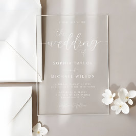 Moderne minimalistische kalligrafie witte bruiloft acryl uitnodigingen