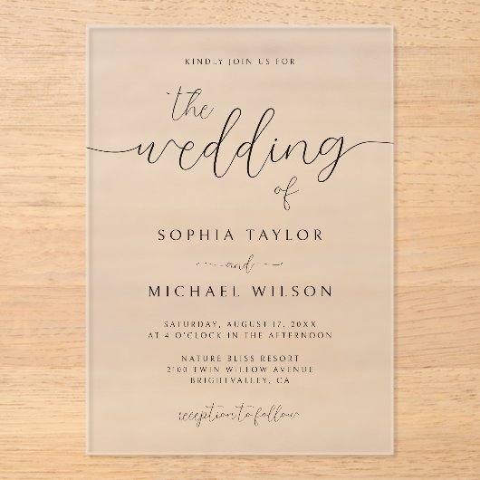 Moderne minimalistische kalligrafie zwart wit brui acryl uitnodigingen (Voorkant)