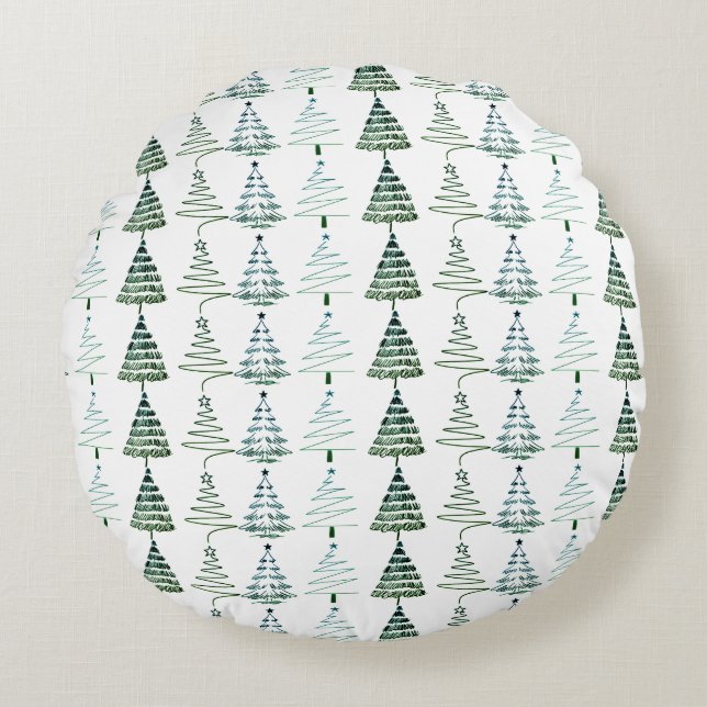Moderne Minimalistische Kerstbomen Doodles Rond Kussen (Voorkant)