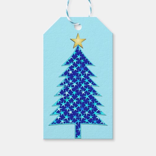 Moderne minimalistische kerstboom met blauwe sterr cadeaulabel (Voorkant)