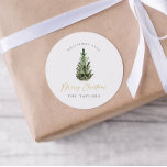 Moderne minimalistische kerstboom met Waterverf Ronde Sticker<br><div class="desc">Dit is een moderne minimalistische vakantie cadeau label sjabloon met een prachtige waterverf groenblijvende boom en een elegante kalligrafie lettertype . De kleur van de kerstboom kan niet worden bewerkt en de tekst in het lettertype van de goudkalligrafie kan niet worden bewerkt (maar de kleur kan worden gewijzigd!) // Voor...</div>