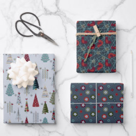 Moderne minimalistische kerstboomset Blauw Rood Inpakpapier Vel