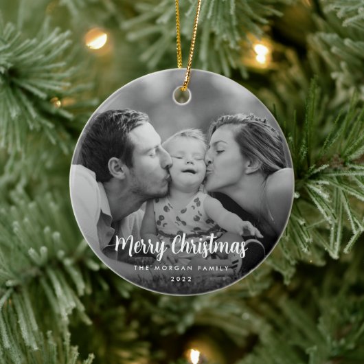 Moderne, minimalistische kerstzwarte en witte foto keramisch ornament (Boom)