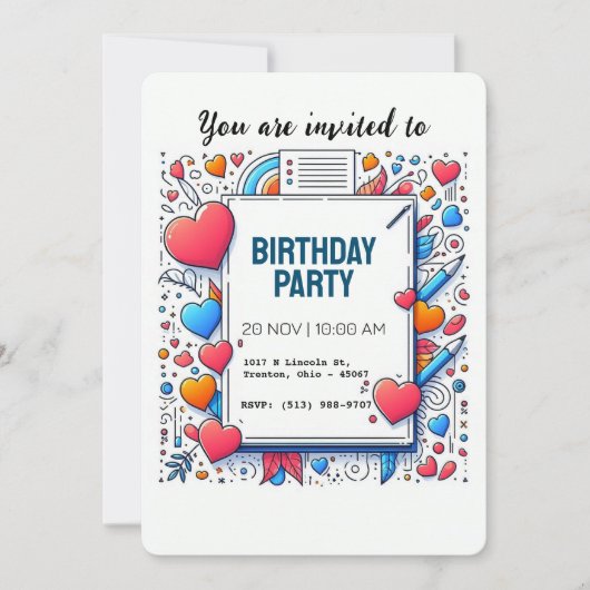 Moderne minimalistische kleurrijke hart doedel kaart (Voorkant)