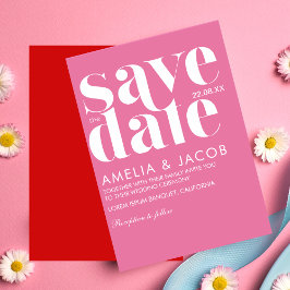 Moderne minimalistische knalroze en rode trouwdag save the date