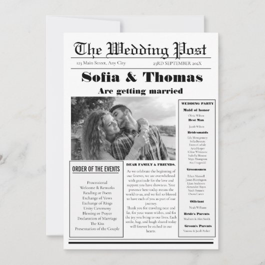 Moderne minimalistische krant bruiloft programma (Voorkant)