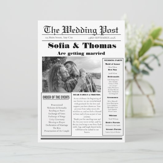 Moderne minimalistische krant bruiloft programma (Staand voorkant)