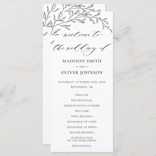 Moderne minimalistische Laurel Branch bruiloft pro Programmakaart (Voorkant / Achterkant)