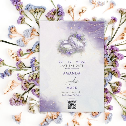 Moderne minimalistische Lila QR-code Bewaar de dat Kaart