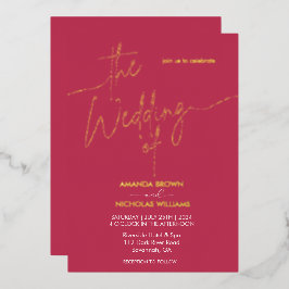Moderne minimalistische magentarood bruiloft folie uitnodiging
