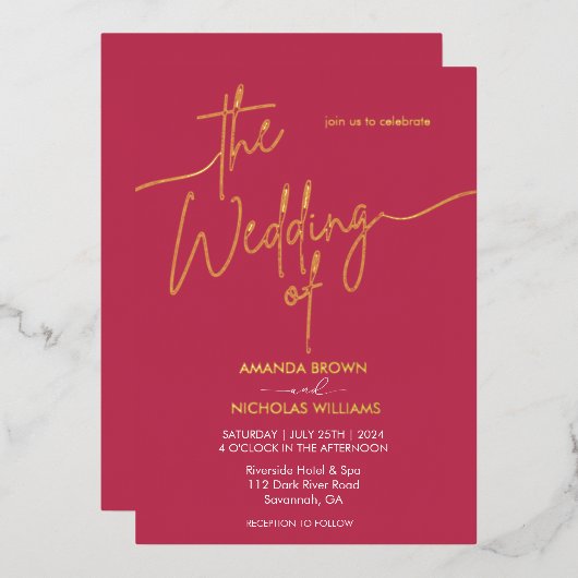 Moderne minimalistische magentarood bruiloft folie uitnodiging (Voorkant / Achterkant)