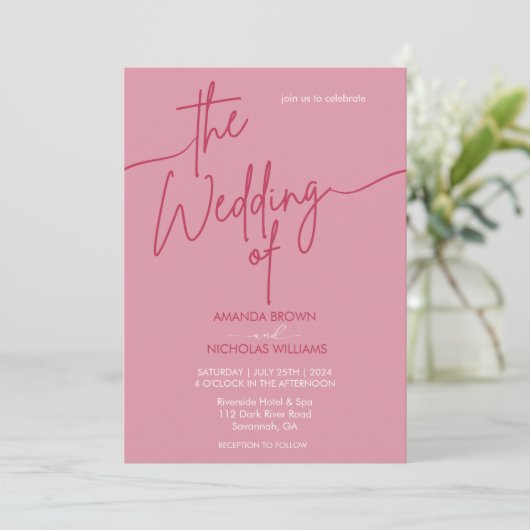 Moderne minimalistische magentarood en roze bruilo kaart (Staand voorkant)