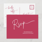 Moderne minimalistische magentarood en wit RSVP Briefkaart (Voorkant / Achterkant)