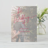 Moderne minimalistische magentarood foto bruiloft kaart (Staand voorkant)