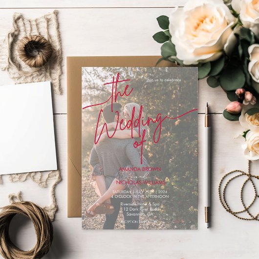 Moderne minimalistische magentarood foto bruiloft kaart