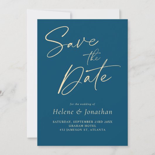Moderne minimalistische marine blauw elegante brui save the date (Voorkant)