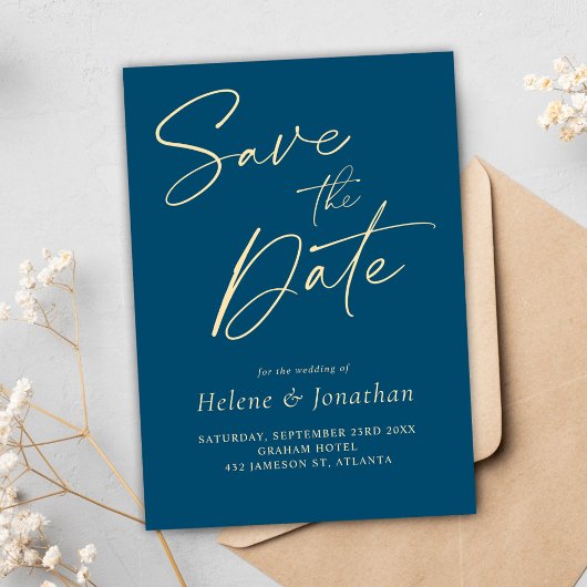 Moderne minimalistische marine blauw elegante brui save the date