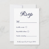 Moderne minimalistische marine blauw en wit bruilo RSVP kaartje (Voorkant)