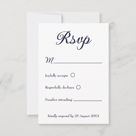 Moderne minimalistische marine blauw en wit bruilo RSVP kaartje (Voorkant)