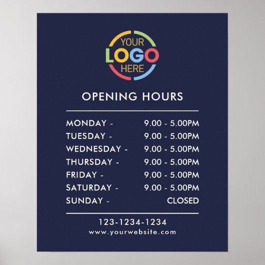 Moderne minimalistische marine blauw openingstijde poster (Voorkant)