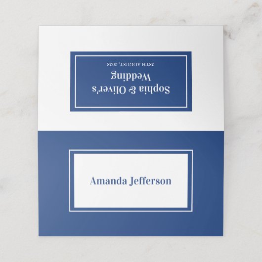 Moderne minimalistische marine blauwe bruiloft pla plaatskaartje (Buitenkant ongevouwen)
