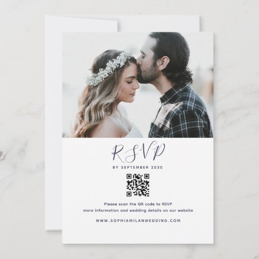 Moderne minimalistische marine blauwe bruiloft QR- Kaart (Achterkant)