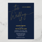Moderne minimalistische marine en gouden bruiloft folie uitnodiging (Voorkant)