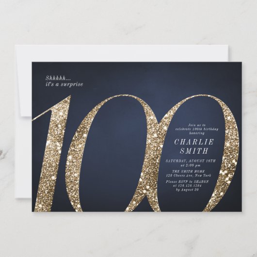 Moderne minimalistische marine gouden glitter 100e kaart (Voorkant)