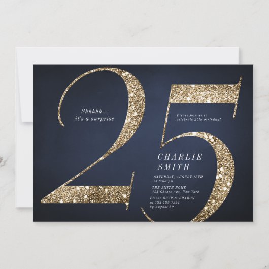Moderne minimalistische marine gouden glitter 25e  kaart (Voorkant)
