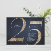 Moderne minimalistische marine gouden glitter 25e  kaart (Staand voorkant)