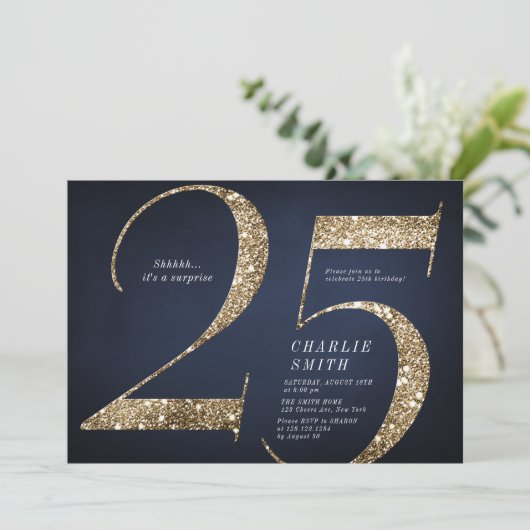 Moderne minimalistische marine gouden glitter 25e  kaart (Staand voorkant)