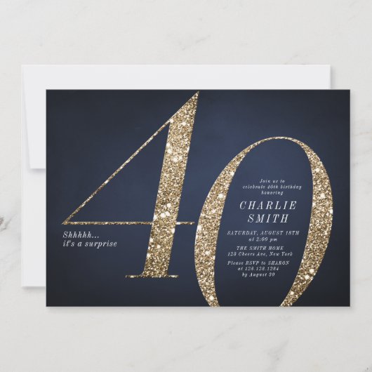 Moderne minimalistische marine gouden glitter 40e  kaart (Voorkant)