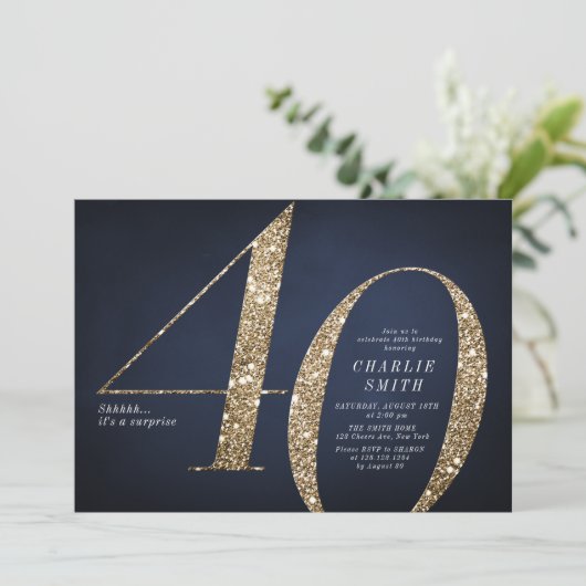 Moderne minimalistische marine gouden glitter 40e  kaart (Staand voorkant)