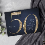 Moderne minimalistische marine gouden glitter 50e  kaart<br><div class="desc">Moderne minimalistische 50e verjaardagsfeestuitnodiging heeft een stijlvolle faux gouden glitter nummer 50 en uw feestdetails in klassiek serif lettertype op een navy blauwe achtergrond,  eenvoudige en elegante,  geweldige verrassing volwassen mijlpaal verjaardagsuitnodiging. de achtergrondkleur kan worden gewijzigd in elke kleur van uw keuze.</div>