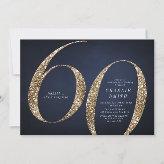 Moderne minimalistische marine gouden glitter 60e  kaart (Voorkant)