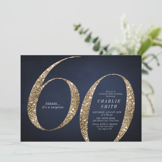 Moderne minimalistische marine gouden glitter 60e  kaart (Staand voorkant)