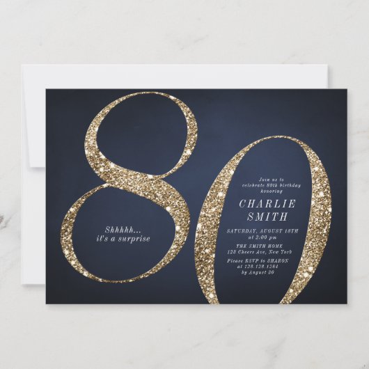 Moderne minimalistische marine gouden glitter 80e  kaart (Voorkant)