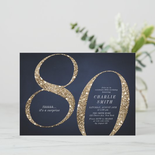 Moderne minimalistische marine gouden glitter 80e kaart (Staand voorkant)