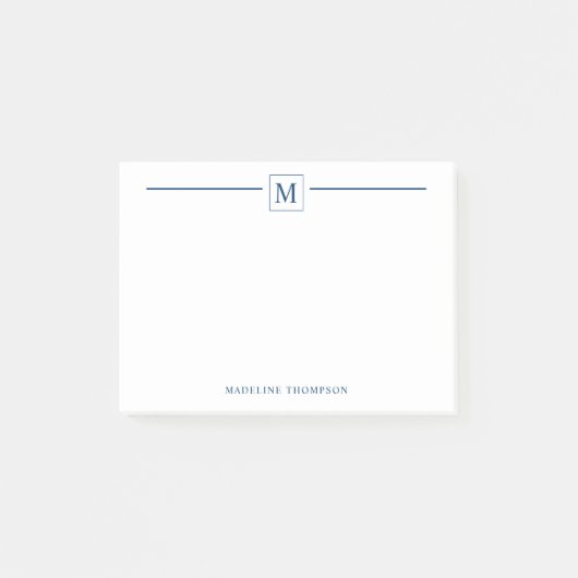Moderne minimalistische marineblauwmonogram vierka post-it® notes (Voorkant)
